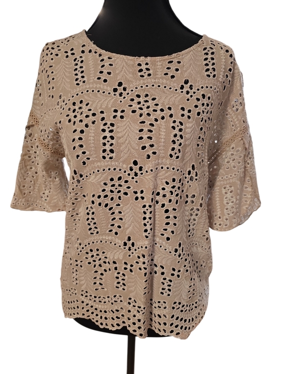 Tribal Jeans Tops - Tribal Jeans Short Sleeve Tan Eyelet Top XS